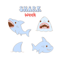 Cute Cartoon Pastel Blue Shark with Open Mouth and Shark Week Text Funny Menstruation Awareness hand drawn Vector Clipart Set isolated on white. Woman health day design element.