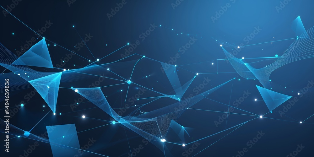 Poster abstract digital network with blue geometric shapes and glowing nodes in a dark background