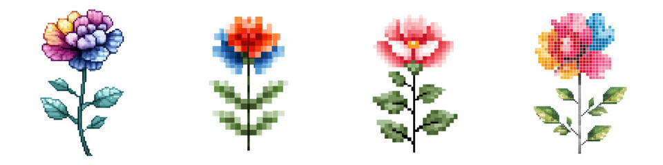Pixel art depicting four different stylized floral designs