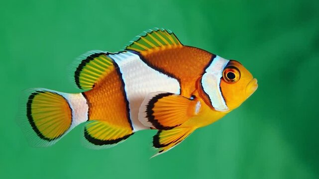 Clownfish swimming against green background