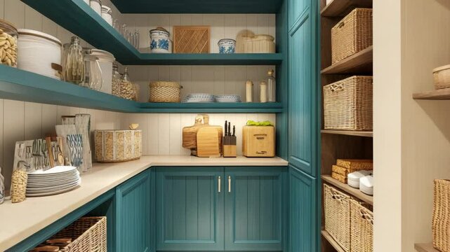 Contemporary beach house pantry with teal cabinets, open wicker baskets, soft sand-colored walls, airy layout with ocean breeze vibe