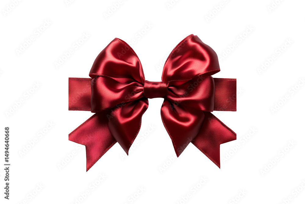 Poster elegant deep red satin bow with symmetrical loops and tails, isolated on a transparent background