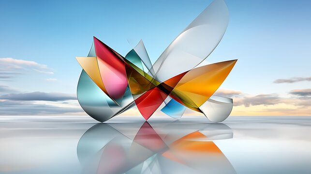 there is a colorful sculpture on a reflective surface with a blue sky in the background