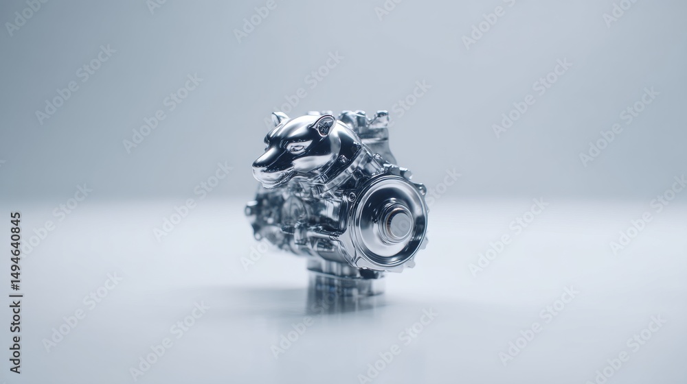 Poster a detailed close-up of an intricate mechanical engine part in a minimalist setting.