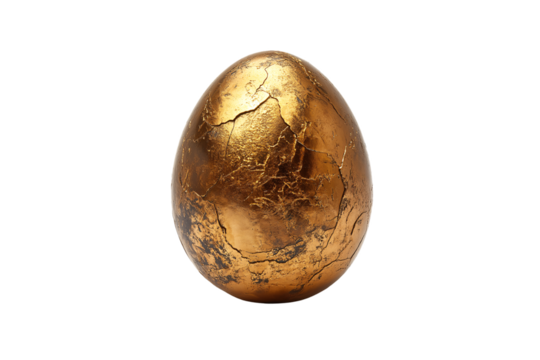 Gilded egg with distinctive crackling pattern across its metallic gold surface, isolated on a transparent background