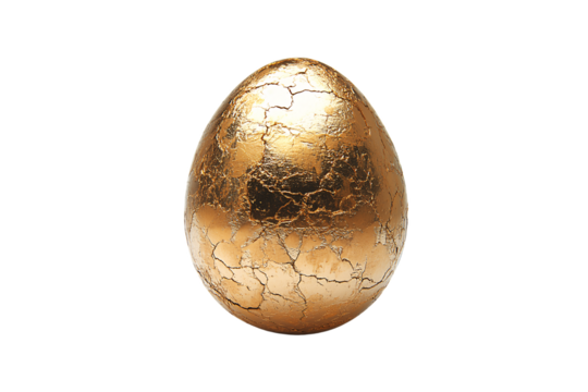 Golden egg with cracked texture and metallic shine reflecting light dramatically, isolated on a transparent background