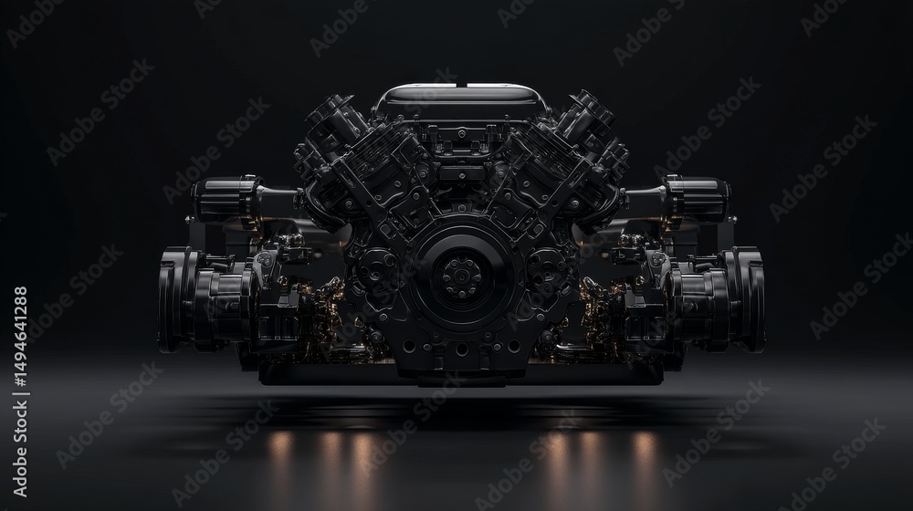Poster a detailed view of an engine showcasing intricate mechanical design and craftsmanship.