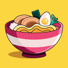 Vector cartoon illustration of ramen noodle bowl with egg, pork, and garnish in a pink striped bowl on yellow background
