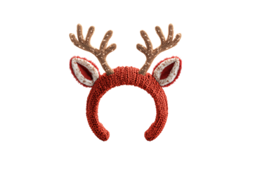 Knitted red reindeer headband with brown antlers and white-lined red ears, isolated on a transparent background