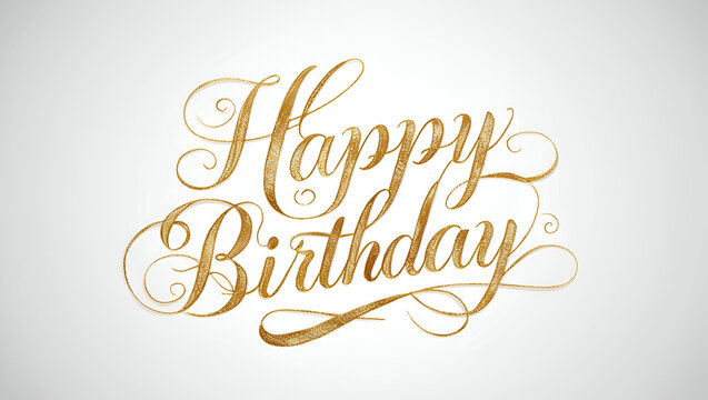 Luxurious gold script of Happy Birthday in flowing calligraphy style, centered on a white background for a classic and refined greeting card look