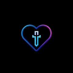 Fototapeta premium logo design, pixelated heart icon with sword icon in the center, neon blue and purple color style, isolated on flat black background, centered layout, minimal design