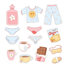 Pastel Cartoonish Menstrual Period Essentials Cozy Bed Day pyjamas hot water bottle chocolate chips hand drawn Vector Clipart Set isolated on white. Woman health day and menstrual awareness design