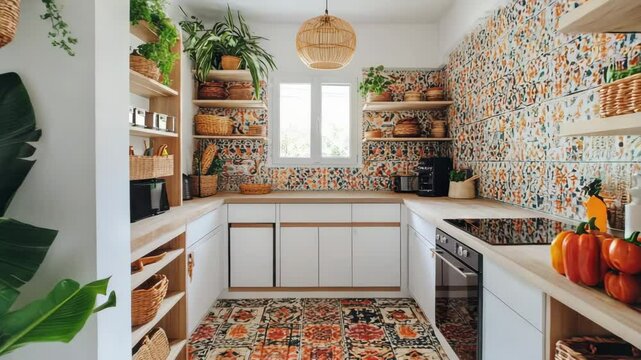 Eclectic pantry nook with colorful tile backsplash, woven baskets, open shelving, indoor plants, bright patterned rug on floor