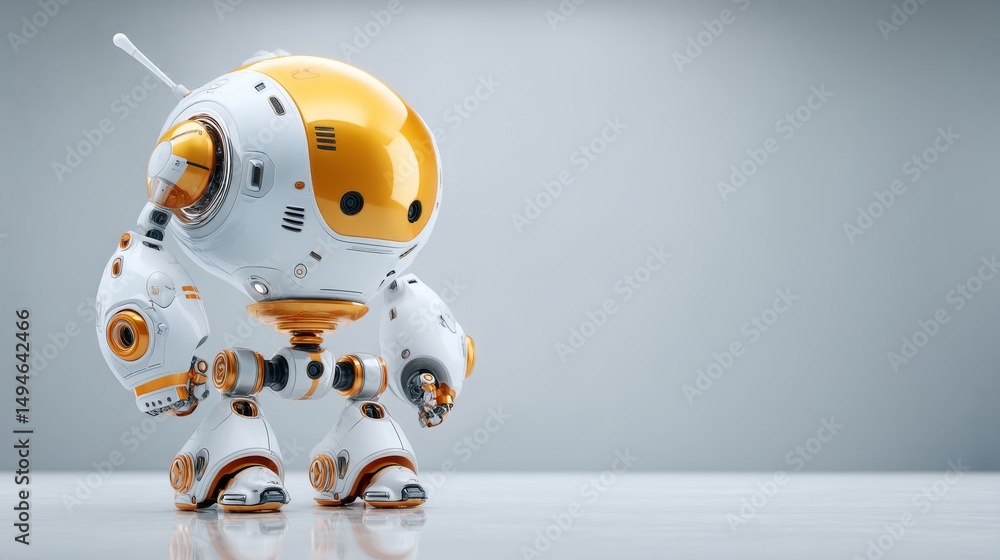 Poster a futuristic robot with a sleek design and vibrant colors stands on a minimalistic surface.
