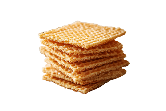 Stack of thin, crispy waffle cookies with detailed honeycomb pattern and golden color, isolated on a transparent background