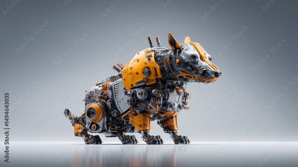 Poster a futuristic robotic dog designed with intricate mechanical components.