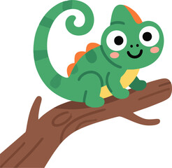 Cute Flat Vector Chameleon Smiling on Tree Branch – Colorful Cartoon Lizard Character for Kids