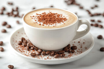 Fototapeta premium A cup of coffee adorned with chocolate and coffee beans.