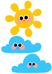 Cute smiling sun and cloud. Happy smiling sun, funny sticker, summer symbol, weather sign, logo design, childish clip art