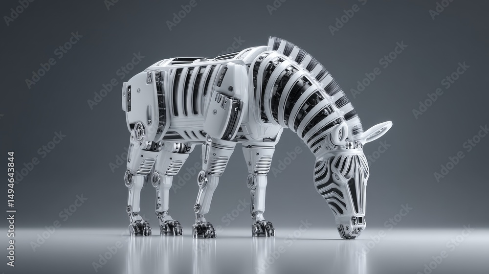 Aufkleber a futuristic robotic zebra with a sleek design in a minimalist setting.