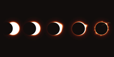 Different phases of solar eclipse. Iridescent round aura eclipse. Orange planet glow background. Sun or moon total eclipse in dark space. Star aurora flare with sparkles and sparkles effects. © Sumeth