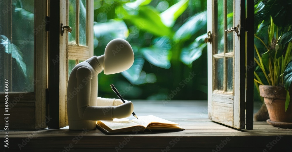 Poster figure writing journal near open window. lush greenery visible outside, creating peaceful scene. sof
