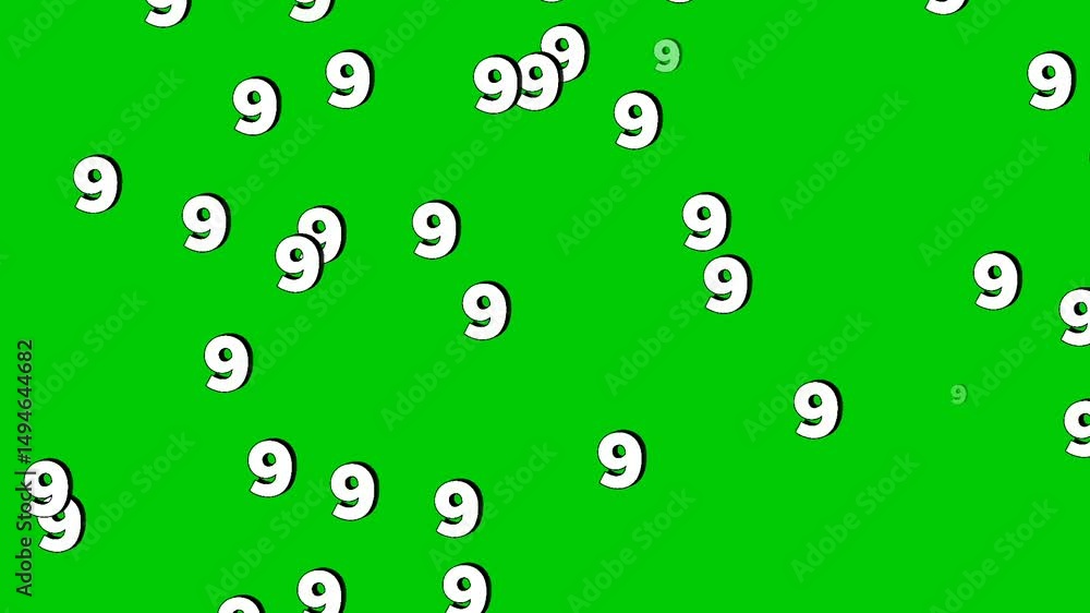 Poster animated numbers 9 nine falling vertically like rain on a green screen background. perfect for video
