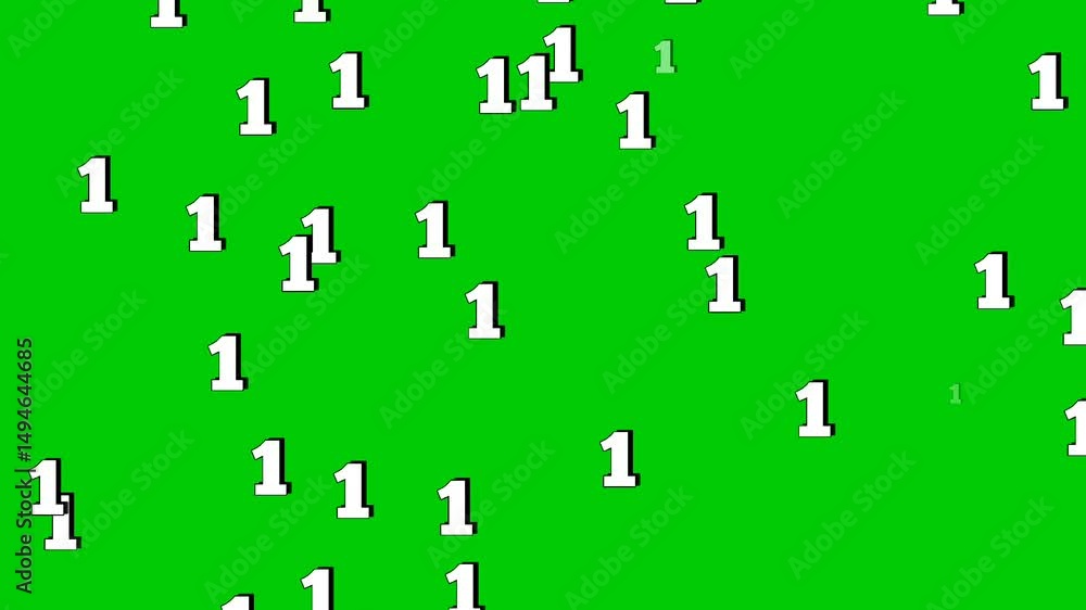 Poster animated numbers 1 one falling vertically like rain on a green screen background. perfect for video 