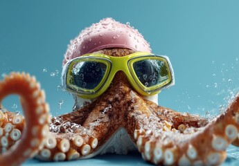 Oktopus mit Badekappe und Taucherbrille