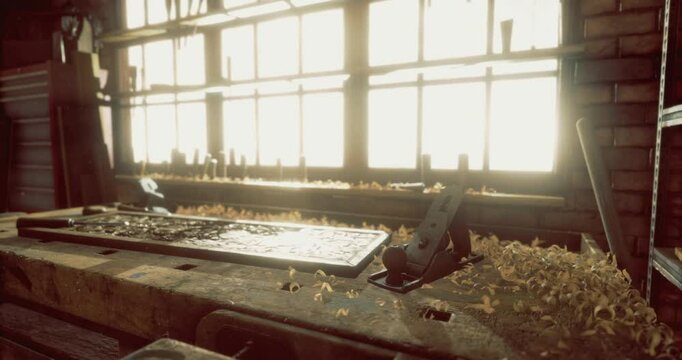 Sunlight pours into a woodshop, illuminating tools and a workbench scattered with fresh wood shavings. The atmosphere is creative, inviting craftsmanship and woodworking activities.