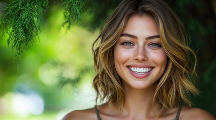 Naklejka premium A young woman with long, wavy hair smiling outdoors in a park.