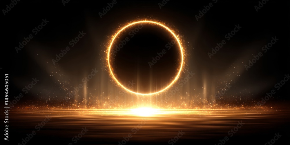 Poster golden circle of light shining on black background with sparkle and spark particles effect.