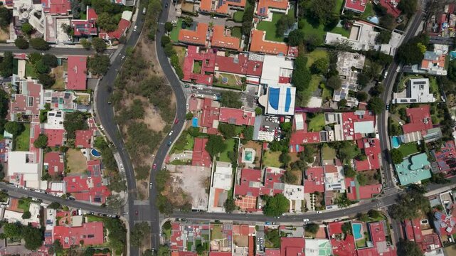 Aerial drone view of Pedregal zone in Mexico City, showing the rooftops
