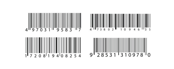 Barcode icon. EAN-13 bar code isolated on white background. Barcode labels for scanning, retail store product ID labeling. Simple fake bar code.

