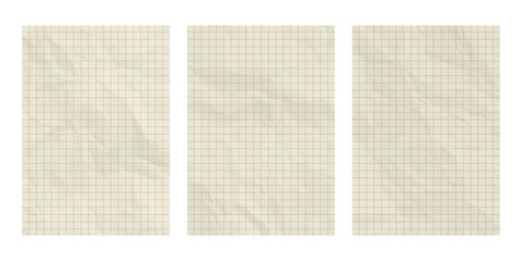 Checkered paper sheets. Blank crumpled pages of school notebook. Old paper background texture