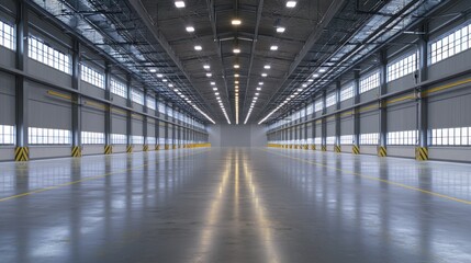 A large, empty warehouse with high ceilings and large windows, illuminated by overhead lights.