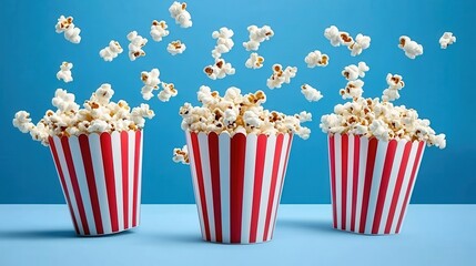 Delicious Popcorn in Striped Buckets Flying Against Blue Background