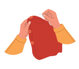 Hands sewing a red buttoned garment with a needle and thread. A cozy craft scene with yellow sleeves, ideal for DIY, handmade, or sewing themed illustrations. Vector illustration