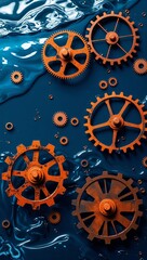 Rusty orange clock gears floating in deep midnight blue liquid wallpaper background vertical design concept