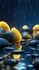 Yellow glowing pebbles reflecting white rain in a dark blue space wallpaper background vertical design concept
