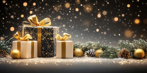 Christmas. Elegant Gold And Black Presents Under Falling Snow With Golden Lights Banner