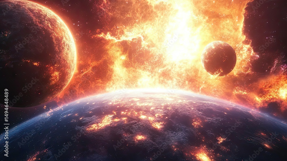 Poster fiery cosmic collision of planets in outer space.
