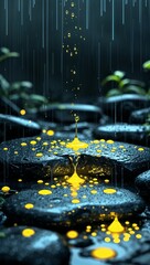 Black stones faintly glowing with yellow rain dripping slowly wallpaper background vertical design concept
