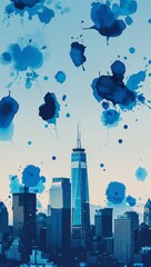 Blue inkblots blending into a blue city skyline under pale blue sky wallpaper background vertical design concept