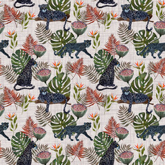 Elegant seamless pattern featuring a black panther in various poses, tropical leaves, lotus pod, and strelitzia branch on a beige linen-textured background. Perfect for fabric, wallpaper, decor