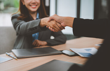 Business professionals shaking hands in office meeting
