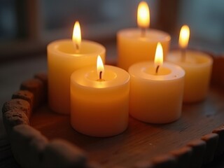 Group of candles are lit and arranged in a tray. The candles are yellow and have a warm glow