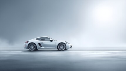 Obraz premium A sleek white sports car driving through a misty landscape, showcasing modern design.
