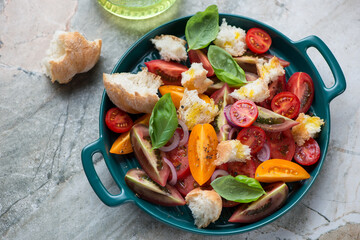 Green serving tray with tuscan-style tomato and bread salad or panzanella, horizontal shot on a grey granite background, high angle view
