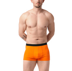 Young man in stylish orange underwear on white background, closeup